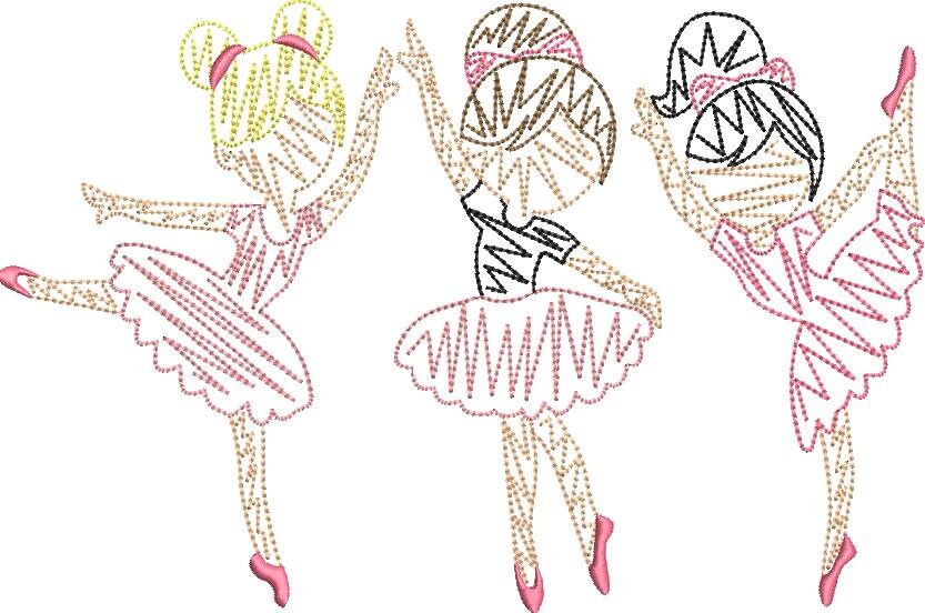 Sketchy Ballerina Trio Embroidery Design Quick Stitch