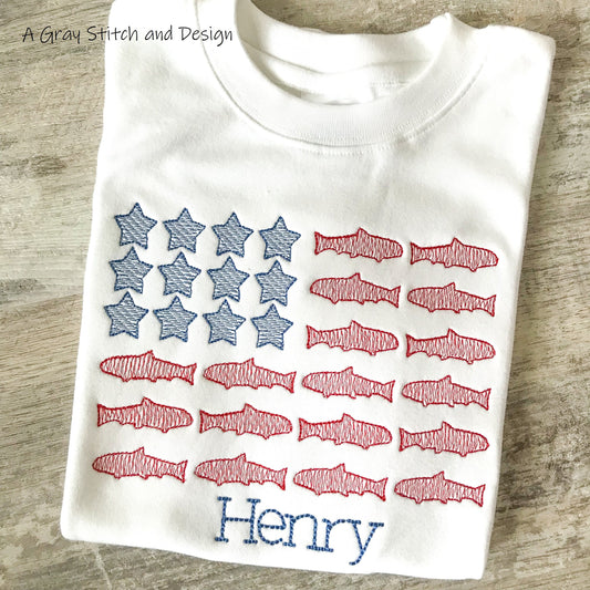 Sketch Fill American Flag Fishing Embroidery Design Quick Stitch Independence Day