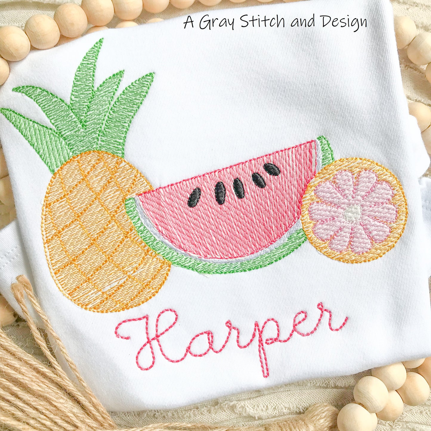 Sketch Fill Embroidery Design Summer Fruits Watermelon Lemon Pineapple Quick Stitch