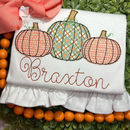 Simple Pumpkin Trio Bean Stitch Applique with Bow Curly Machine Embroidery