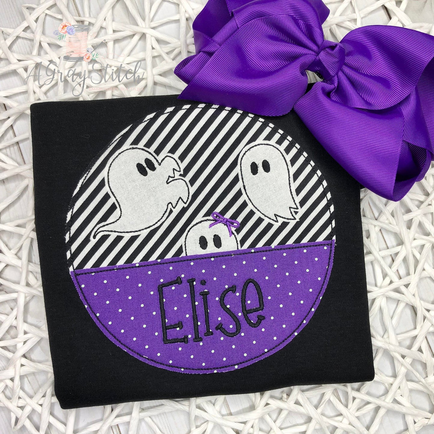 Quick Stitch Halloween Ghost with Bow Design Machine Embroidery