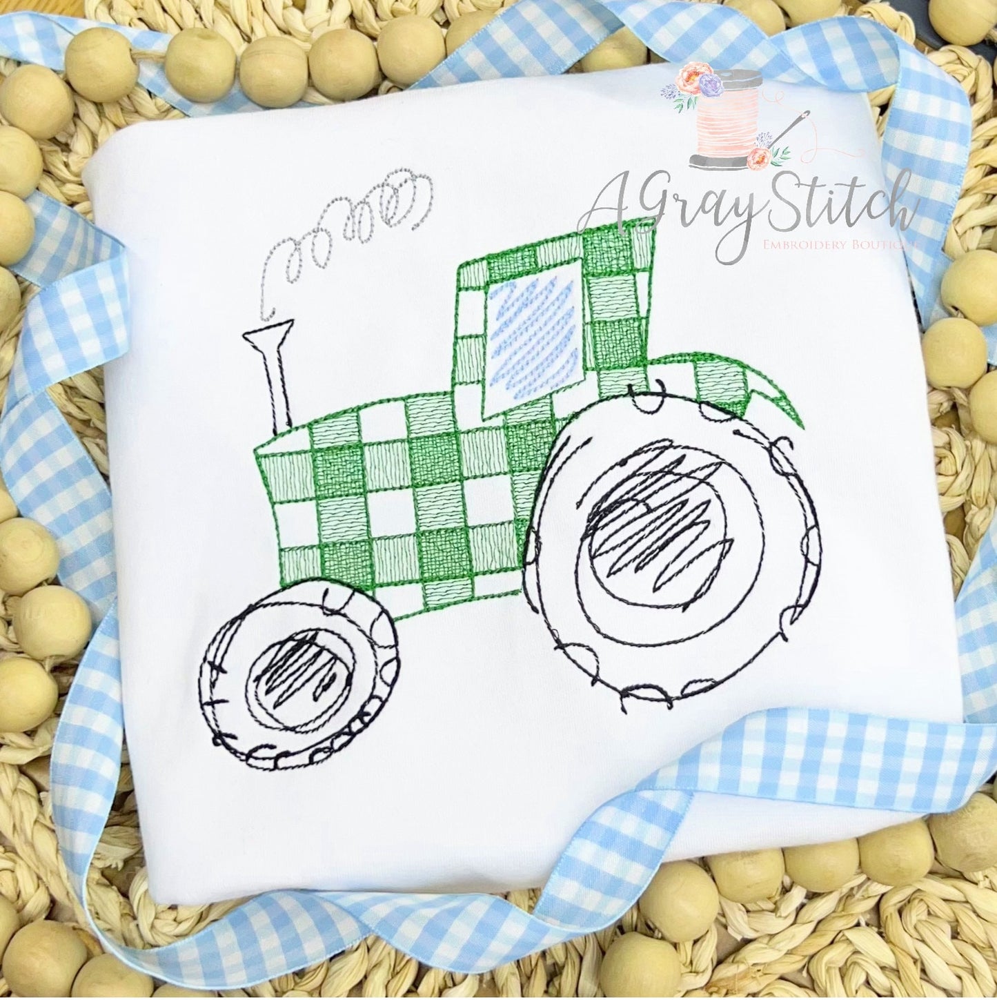 Gingham Sketchy Tractor Machine Embroidery Design