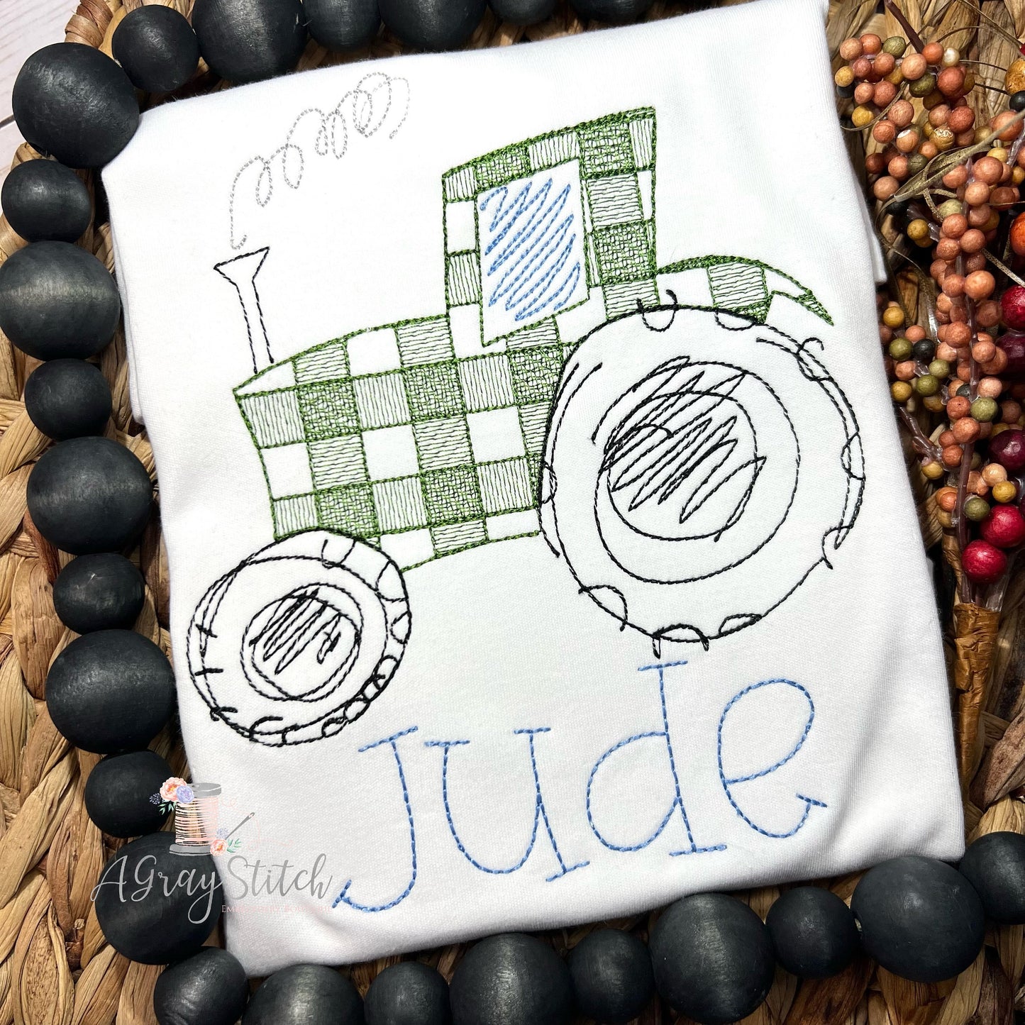 Gingham Sketchy Tractor Machine Embroidery Design
