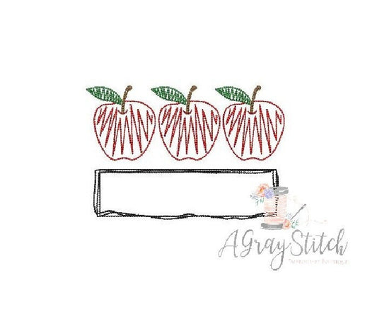 Sketchy Apple Trio with Applique Name Frame Back to School Machine Embroidery Design