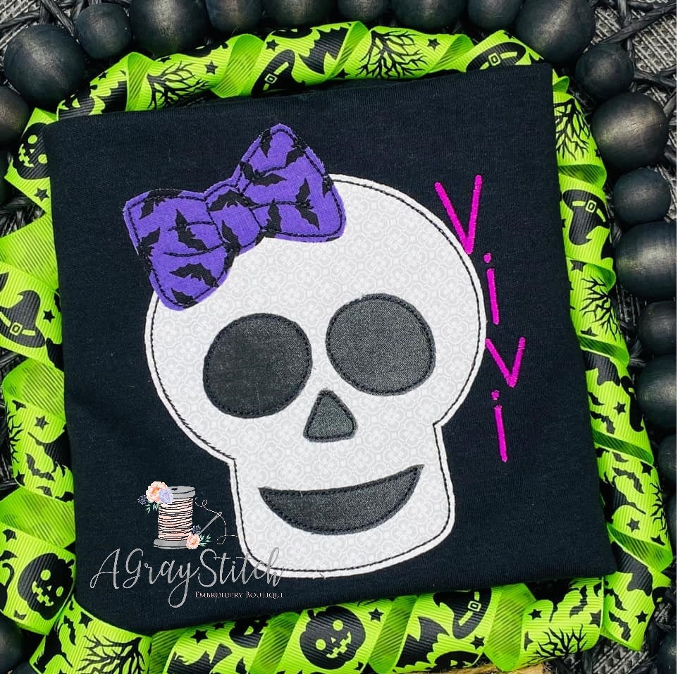 Girl Skeleton with Bow Machine Embroidery Applique Design