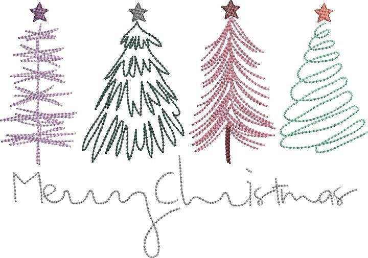 Doodle Christmas Trees Merry Christmas Machine Embroidery Design Quick Stitch