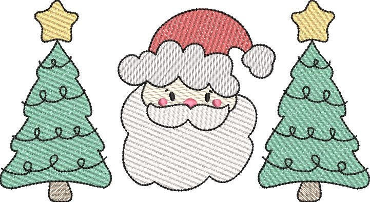 Sketch Fill Santa and Christmas Tree Trio Machine Embroidery Design Quick Stitch