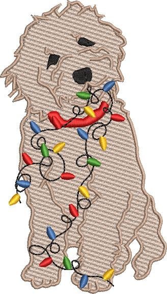 Sketch Fill Goldendoodle Dog with Christmas Lights Machine Embroidery Design