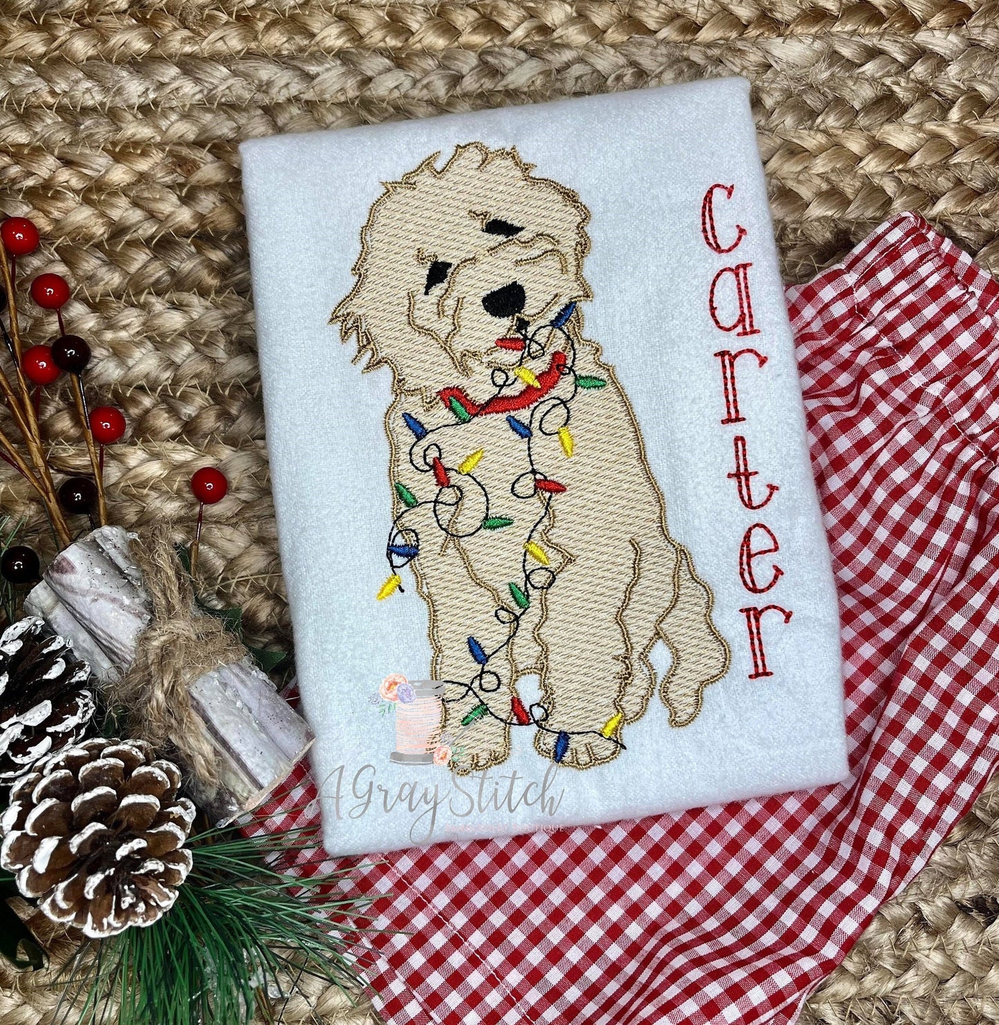 Sketch Fill Goldendoodle Dog with Christmas Lights Machine Embroidery Design