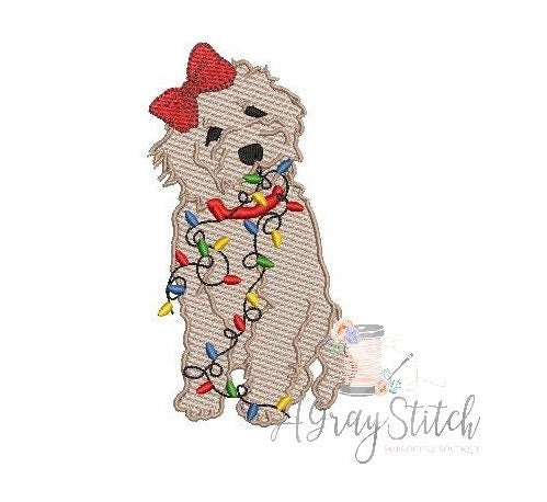 Sketch Fill Girl Goldendoodle Dog with Christmas Lights Machine Embroidery Design