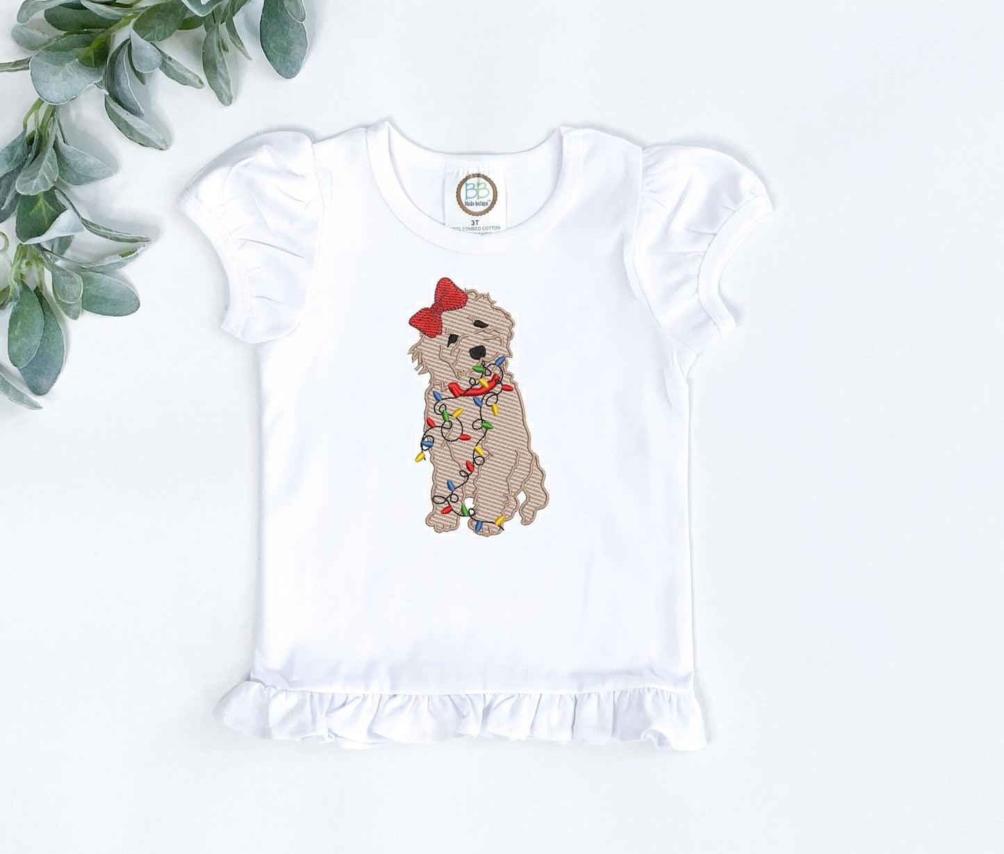 Sketch Fill Girl Goldendoodle Dog with Christmas Lights Machine Embroidery Design