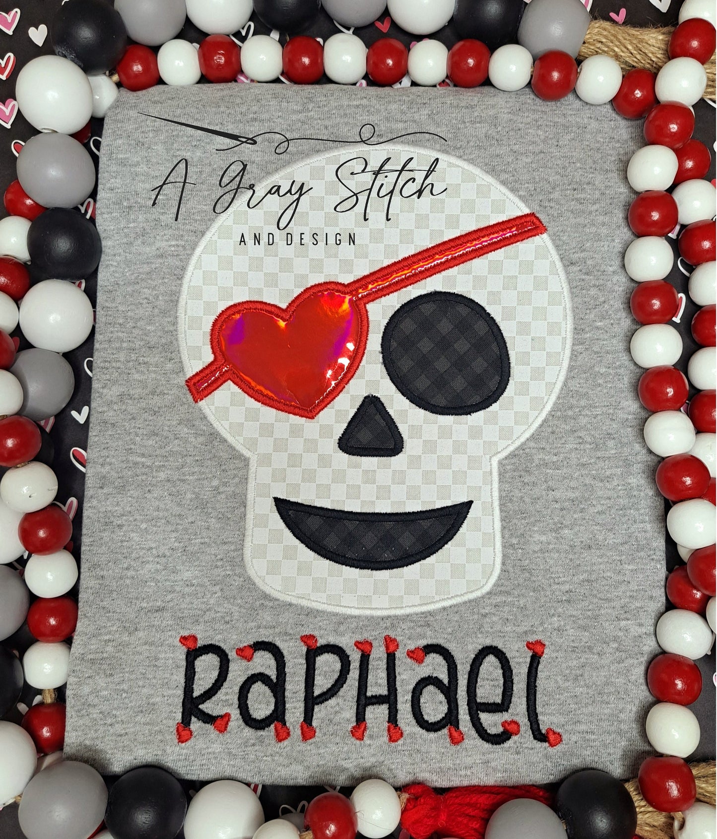 Satin Stitch Skeleton with Heart Eye Patch Machine Embroidery Applique Design