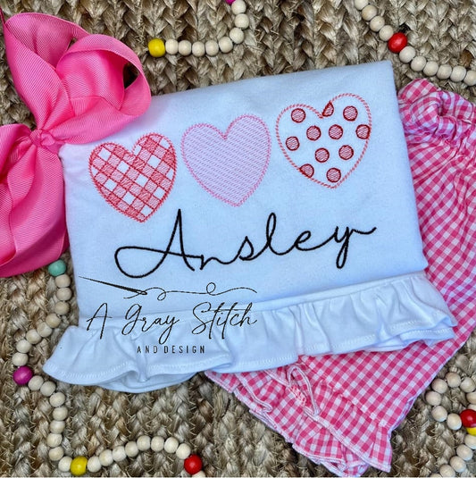 Sketch Fill Heart Trio Gingham Polka Dot Quick Stitch Machine Embroidery Design