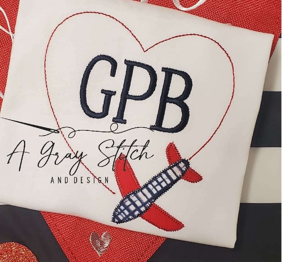 Airplane Zig Zag Applique Design with Heart Boys' Valentine's Day Design Machine Embroidery Quick Stitch