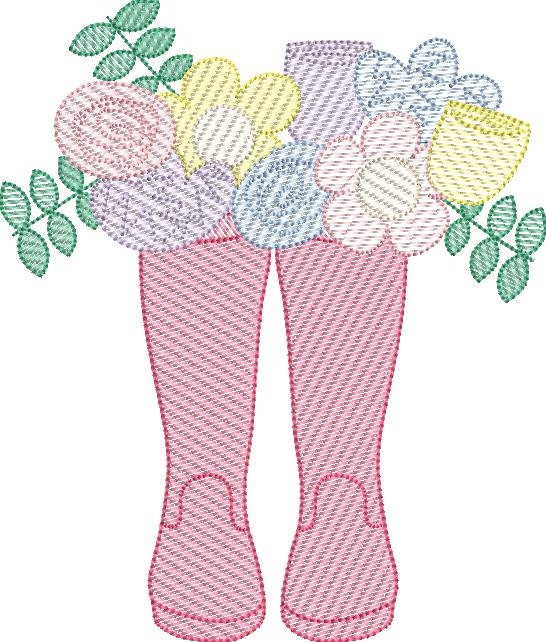 Floral Wellies Girly Sketch Fill Machine Embroidery Quick Stitch Design