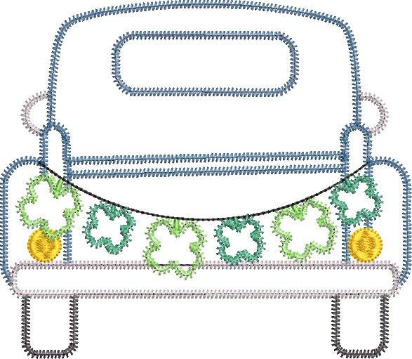 Pickup Truck with Shamrock Bunting Banner Zig Zag Applique St. Patrick's Machine Embroidery Design