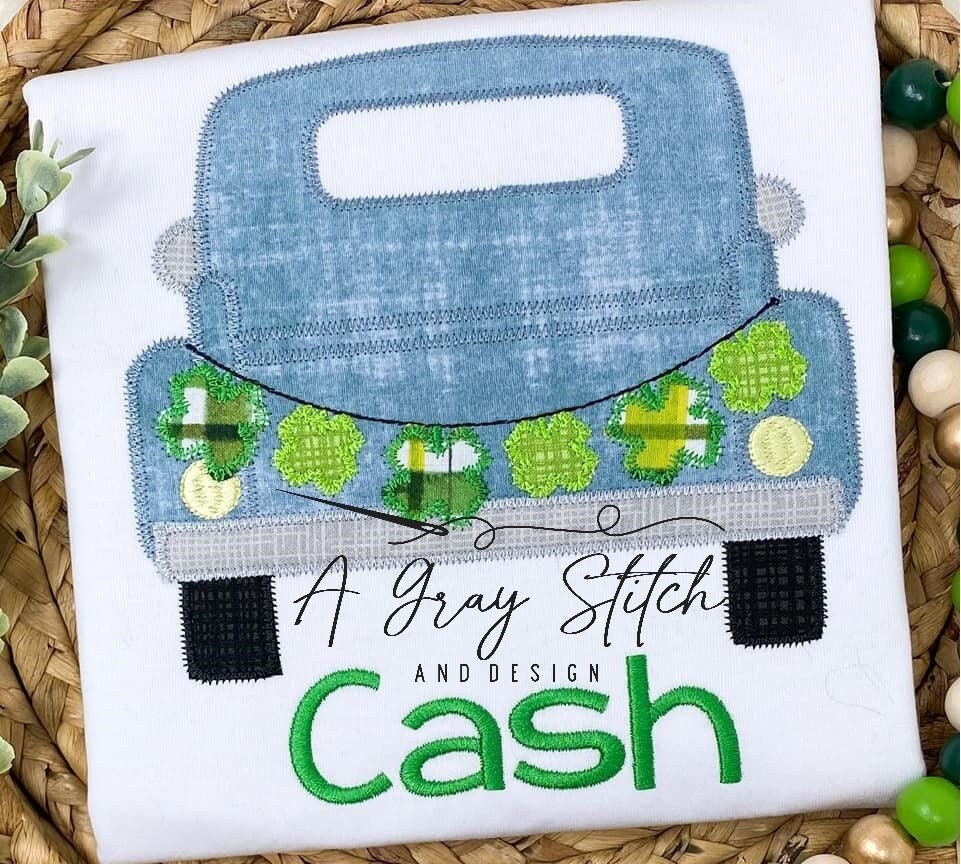 Pickup Truck with Shamrock Bunting Banner Zig Zag Applique St. Patrick's Machine Embroidery Design