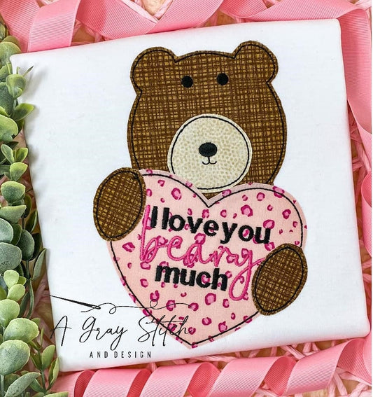 Bean Stitch Bear Holding Heart Valentine's Machine Embroidery Design