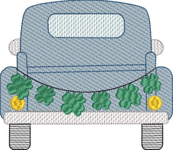 Sketch Fill Pickup Truck with Shamrock Bunting Banner Quick Stitch Machine Embroidery Design