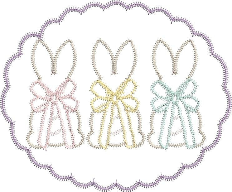 Zig Zag Scallop Applique Frame with Applique Bunny Trio with Bows Machine Embroidery Design