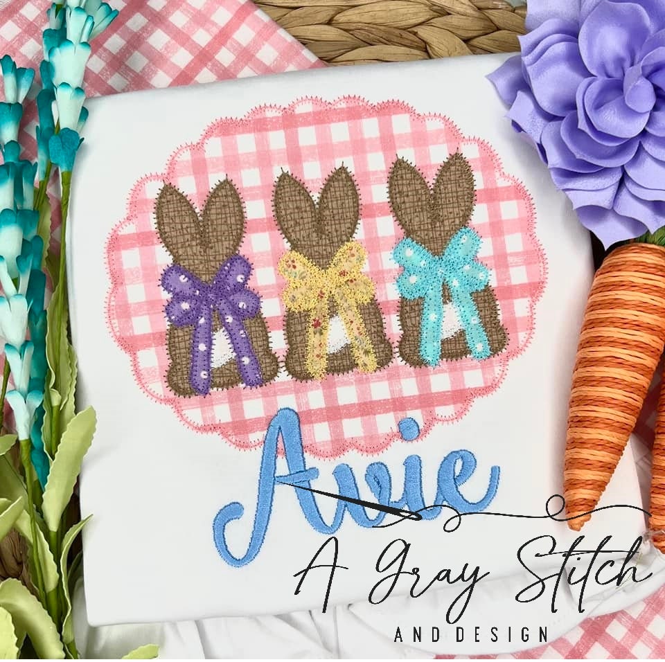 Zig Zag Scallop Applique Frame with Applique Bunny Trio with Bows Machine Embroidery Design