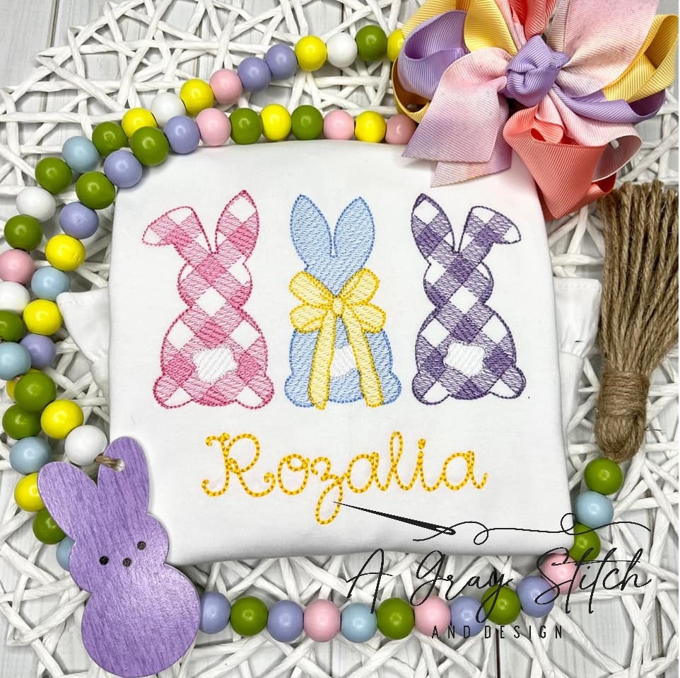 Gingham Sketch Fill Bunny Trio with Bow Quick Stitch Machine Embroidery Design