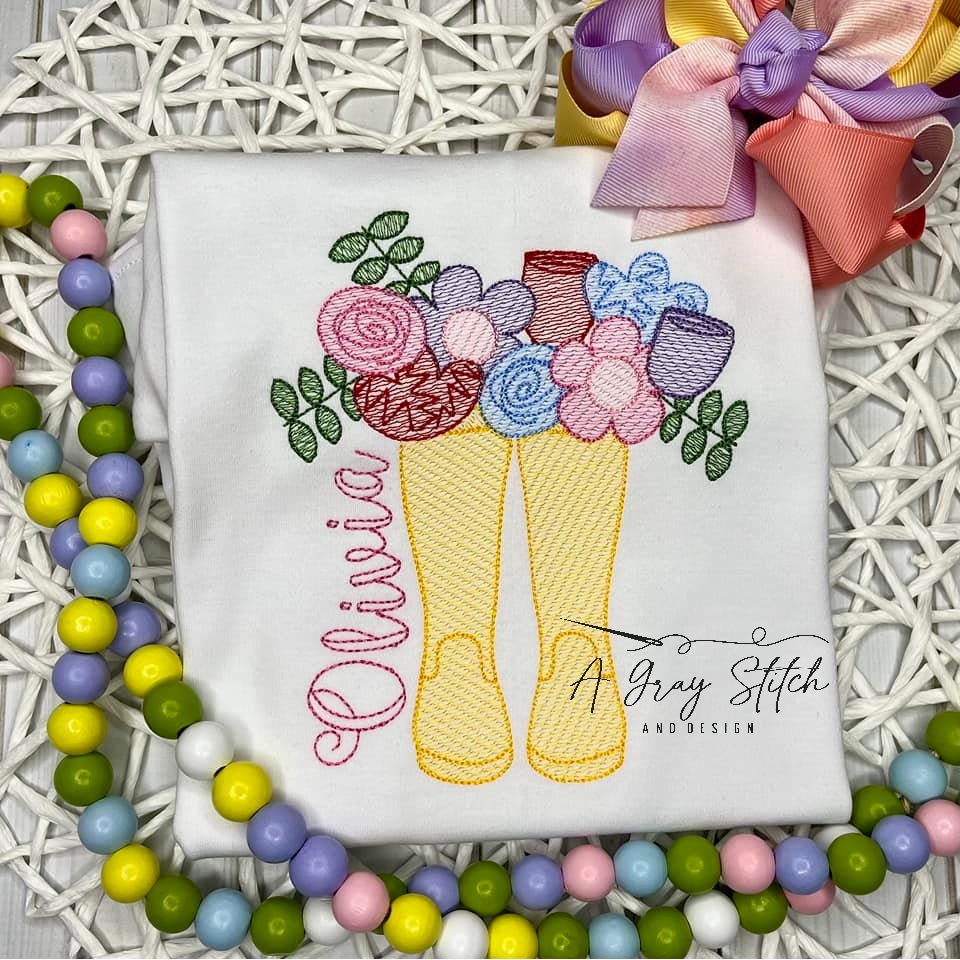 Floral Wellies Girly Sketch Fill Machine Embroidery Quick Stitch Design