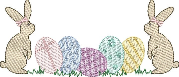 Sketch Fill Bunnies with Bows with Easter Eggs Quick Stitch Machine Embroidery Design