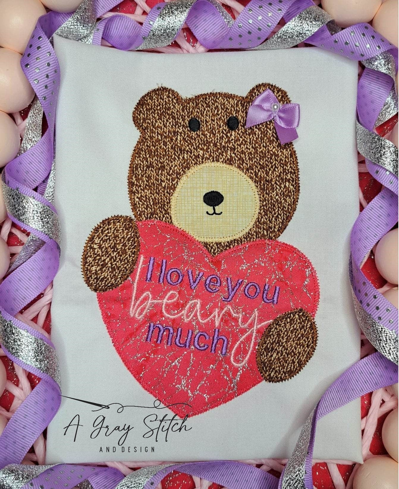 Beary Cute Valentine's Day Machine Embroidery Zig Zag Applique Design Quick Stitch