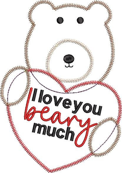 Beary Cute Valentine's Day Machine Embroidery Zig Zag Applique Design Quick Stitch