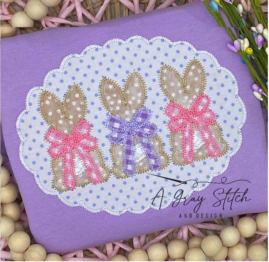 Zig Zag Scallop Applique Frame with Applique Bunny Trio with Bows Machine Embroidery Design