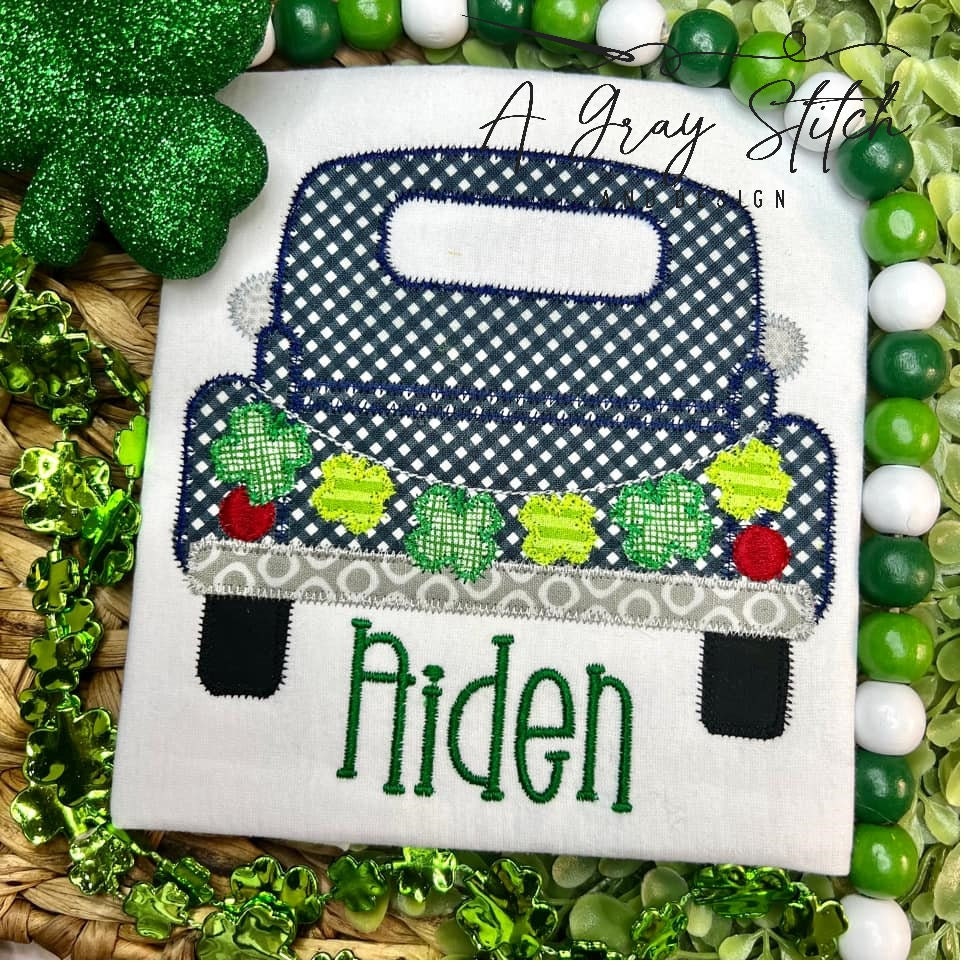 Pickup Truck with Shamrock Bunting Banner Zig Zag Applique St. Patrick's Machine Embroidery Design