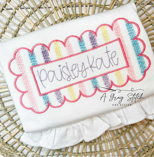 Scalloped Scribble Striped Machine Embroidery Name Frame No Applique Quick Stitch