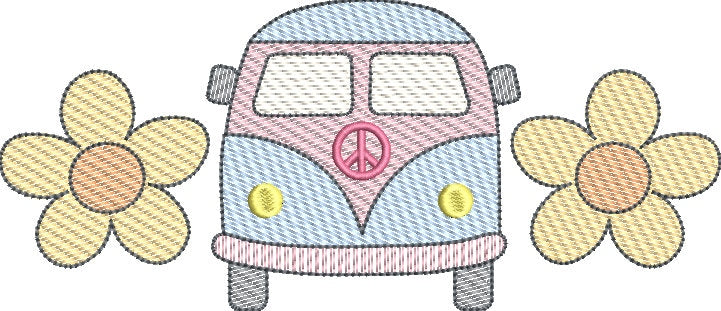 Sketch Fill Groovy Van with Daisies Machine Embroidery Quick Stitch Design