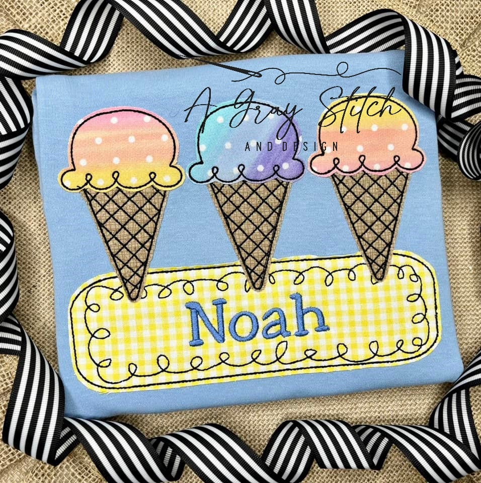 Bean Stitch Applique Ice Cream Trio with Name Frame Machine Embroidery Quick Stitch Design
