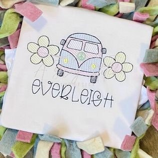 Sketch Fill Groovy Van with Daisies Machine Embroidery Quick Stitch Design