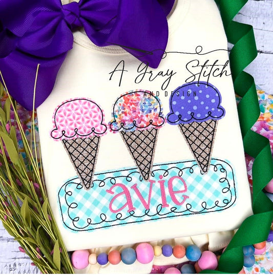 Bean Stitch Applique Ice Cream Trio with Name Frame Machine Embroidery Quick Stitch Design