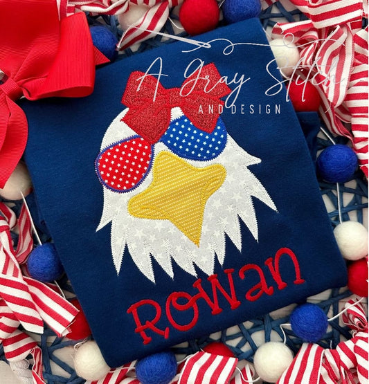 Free Bald Eagle Girl with Bow Zig Zag Applique Machine Embroidery Design Independence Day Memorial Day