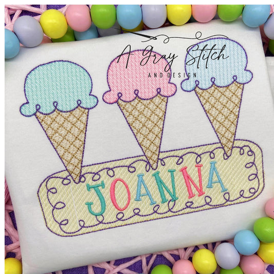 Sketch Fill Ice Cream Trio Quirky Machine Embroidery Quick Stitch Design