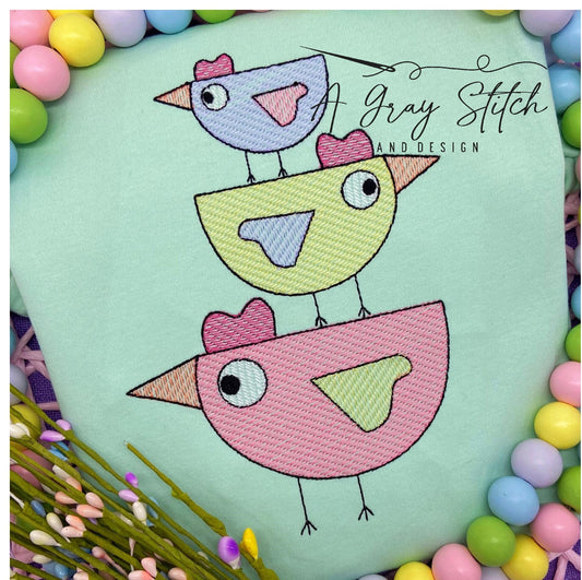 Sketch Fill Stacked Cute Chickens Machine Embroidery Design