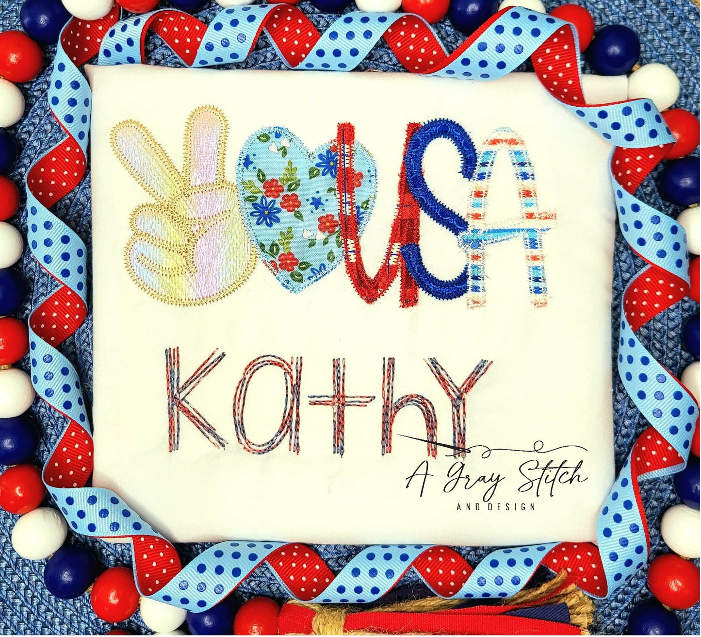 Peace Love USA Zig Zag Applique Quick Stitch Machine Embroidery Design Independence Day Memorial Day