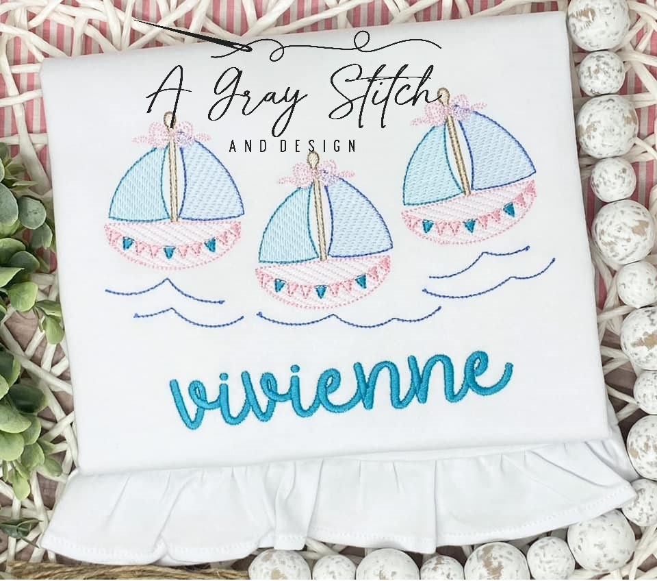 Sketch Fill Sailboat Trio with Bows on Water Machine Embroidery Nautical Girl Quick Stitch Design