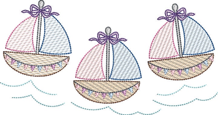 Sketch Fill Sailboat Trio with Bows on Water Machine Embroidery Nautical Girl Quick Stitch Design