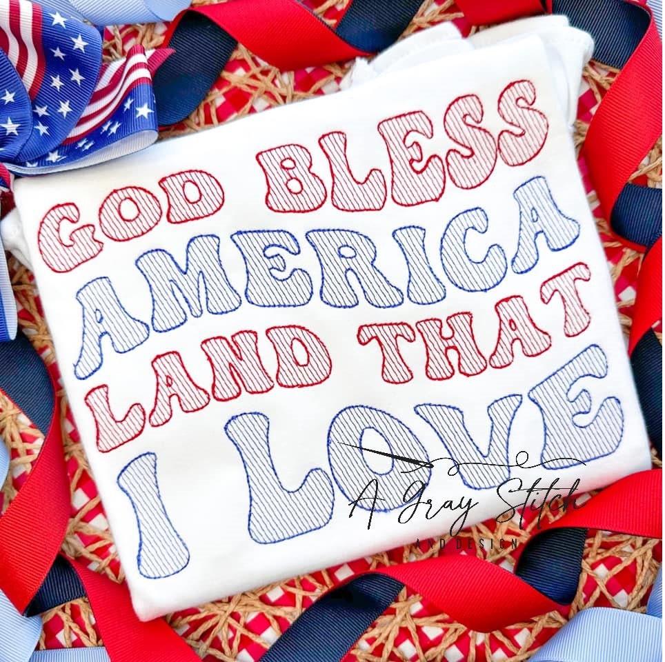 God Bless America Wavy Text Machine Embroidery Sketch Fill Quick Stitch Design