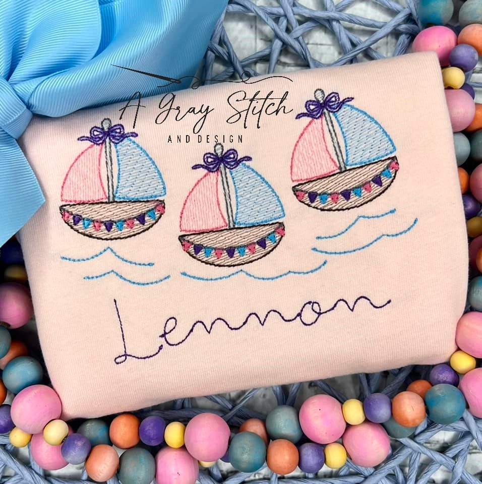 Sketch Fill Sailboat Trio with Bows on Water Machine Embroidery Nautical Girl Quick Stitch Design