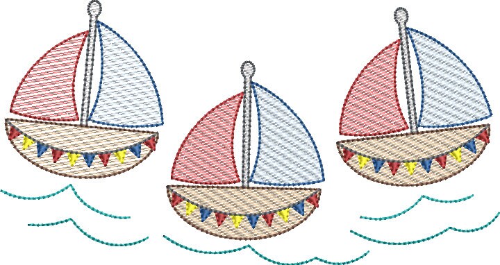 Sketch Fill Sailboat Trio on Water Machine Embroidery Nautical Boy Quick Stitch Design