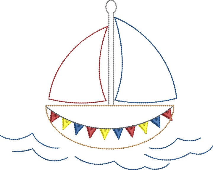 Bean Stitch Applique Sailboat Nautical Machine Embroidery Quick Stitch Design