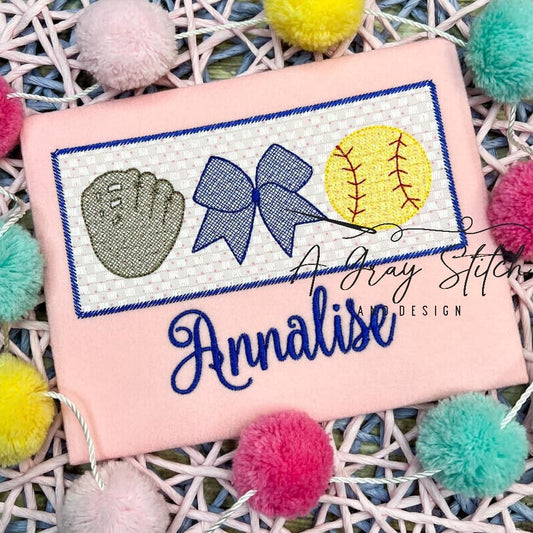 Faux Smock Softball/Baseball Trio with Bow Machine Embroidery Quick Stitch Design