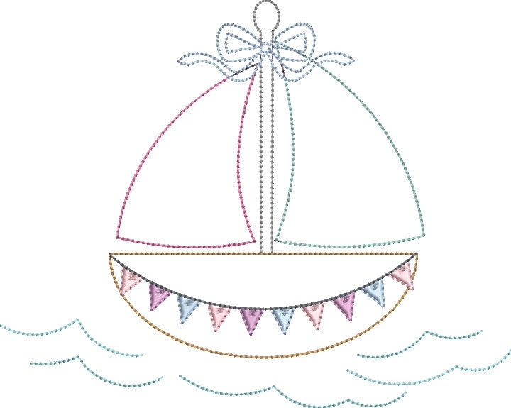 Bean Stitch Applique Quick Stitch Sailboat with Bow Machine Embroidery Nautical Design