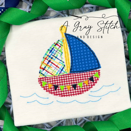 Bean Stitch Applique Sailboat Nautical Machine Embroidery Quick Stitch Design